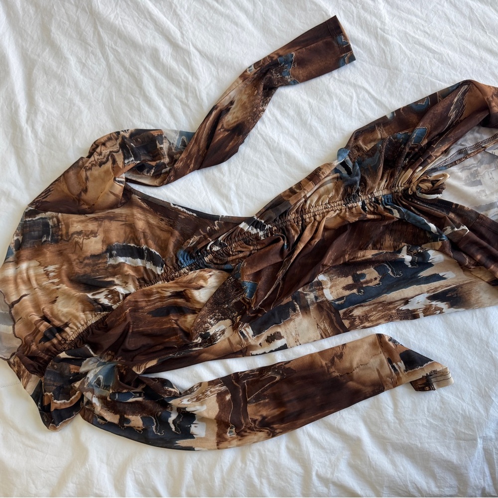 Miss Lola Brown and Blue Long Sleeve mesh Dress